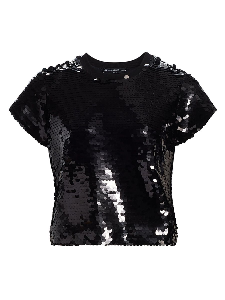 Women's Kai Pailette Sequined Short-Sleeve Top - Black - Size Large