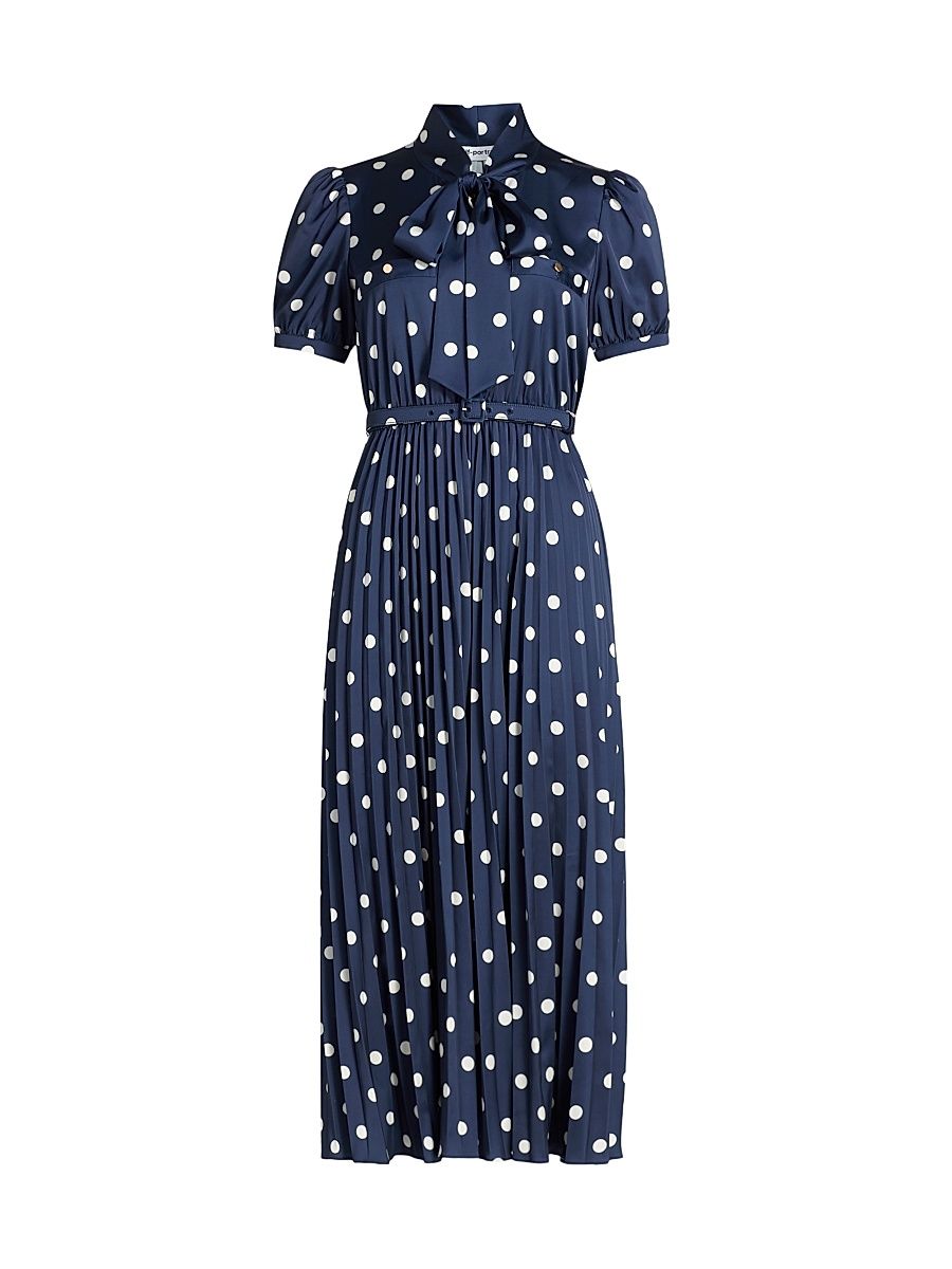Women's Polka Dot Satin Midi-Shirtdress - Navy - Size 10