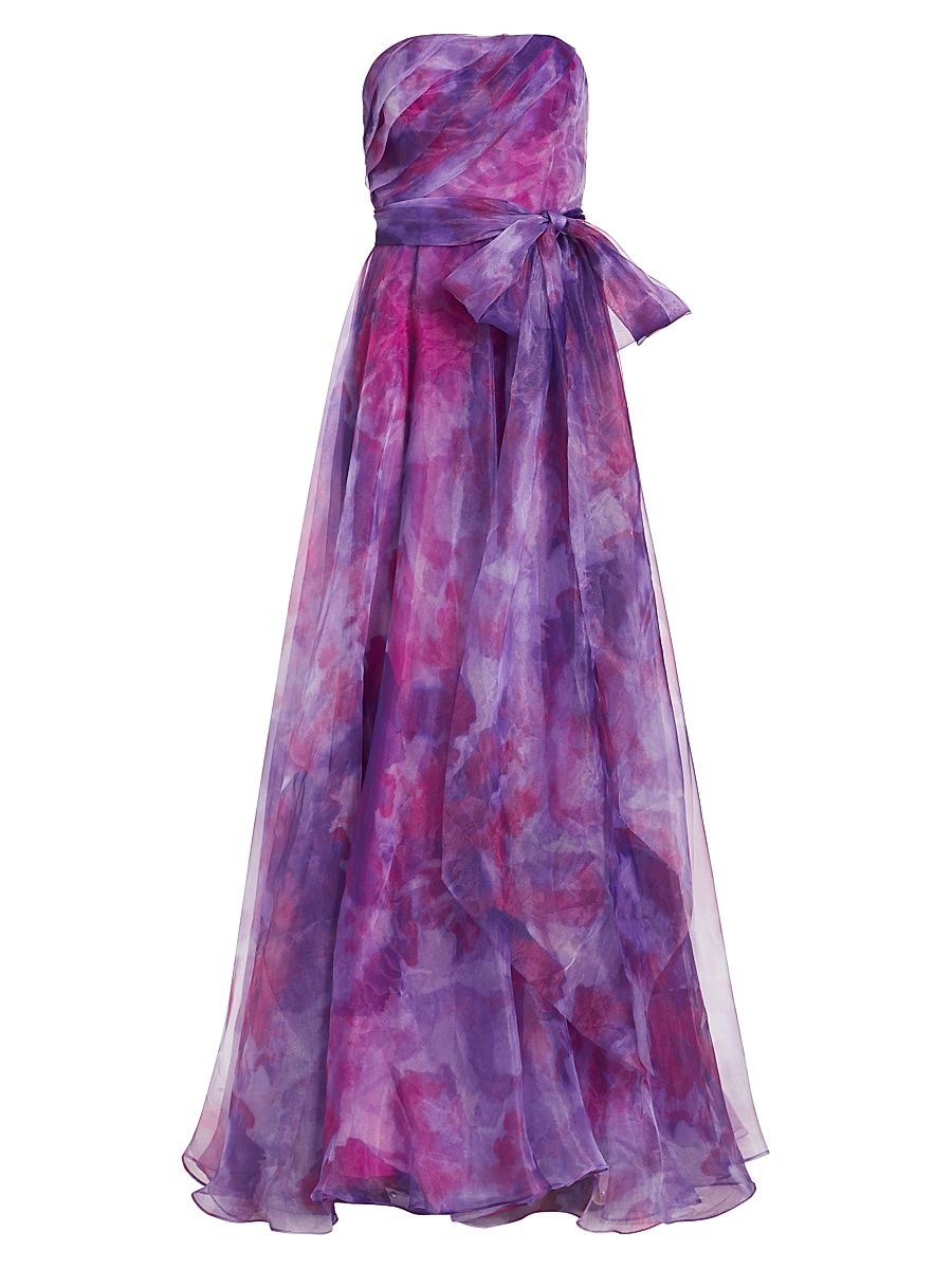 Women's Printed Organza Strapless Gown - Pink Multi - Size 14