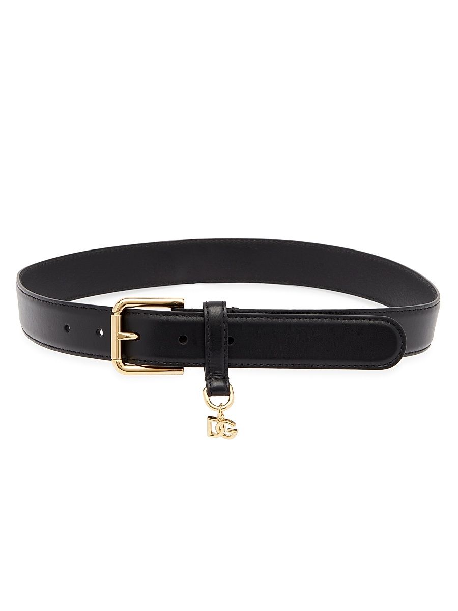Women's Leather & Logo-Charm Belt - Nero - Size Medium