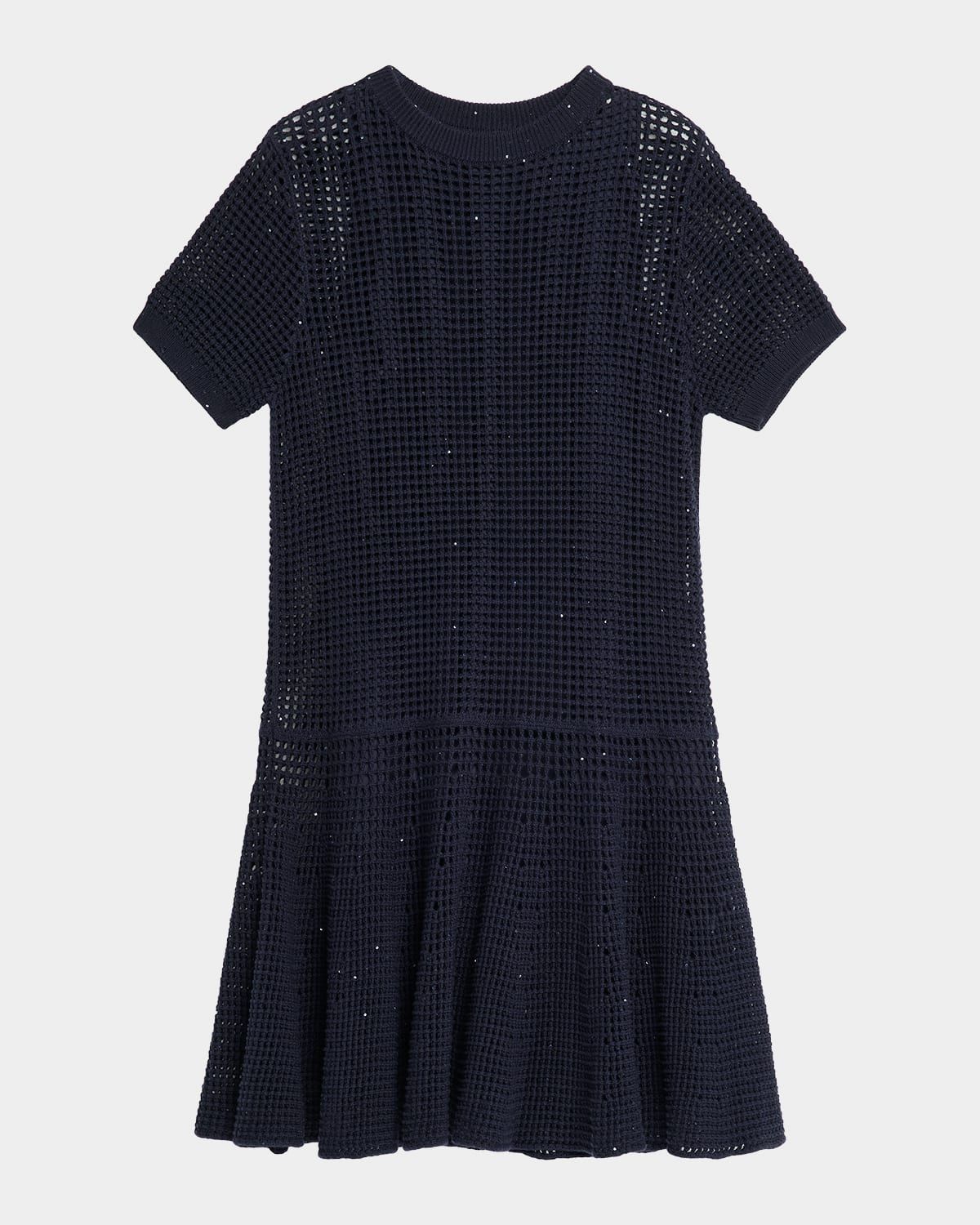 Pailette Open Knit Drop-Waist Short-Sleeve Mini Dress