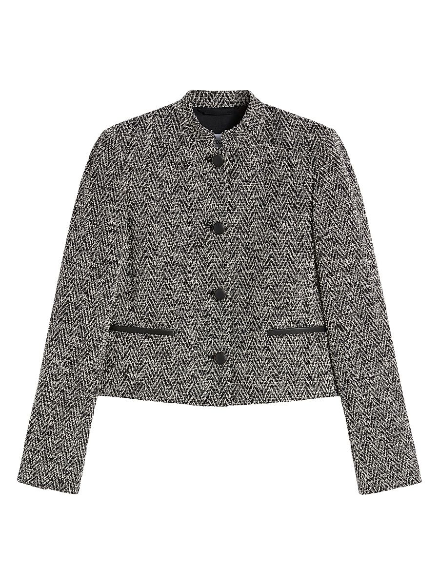 Women's Bouclé Jersey Cropped Jacket - Black Chevron - Size 16