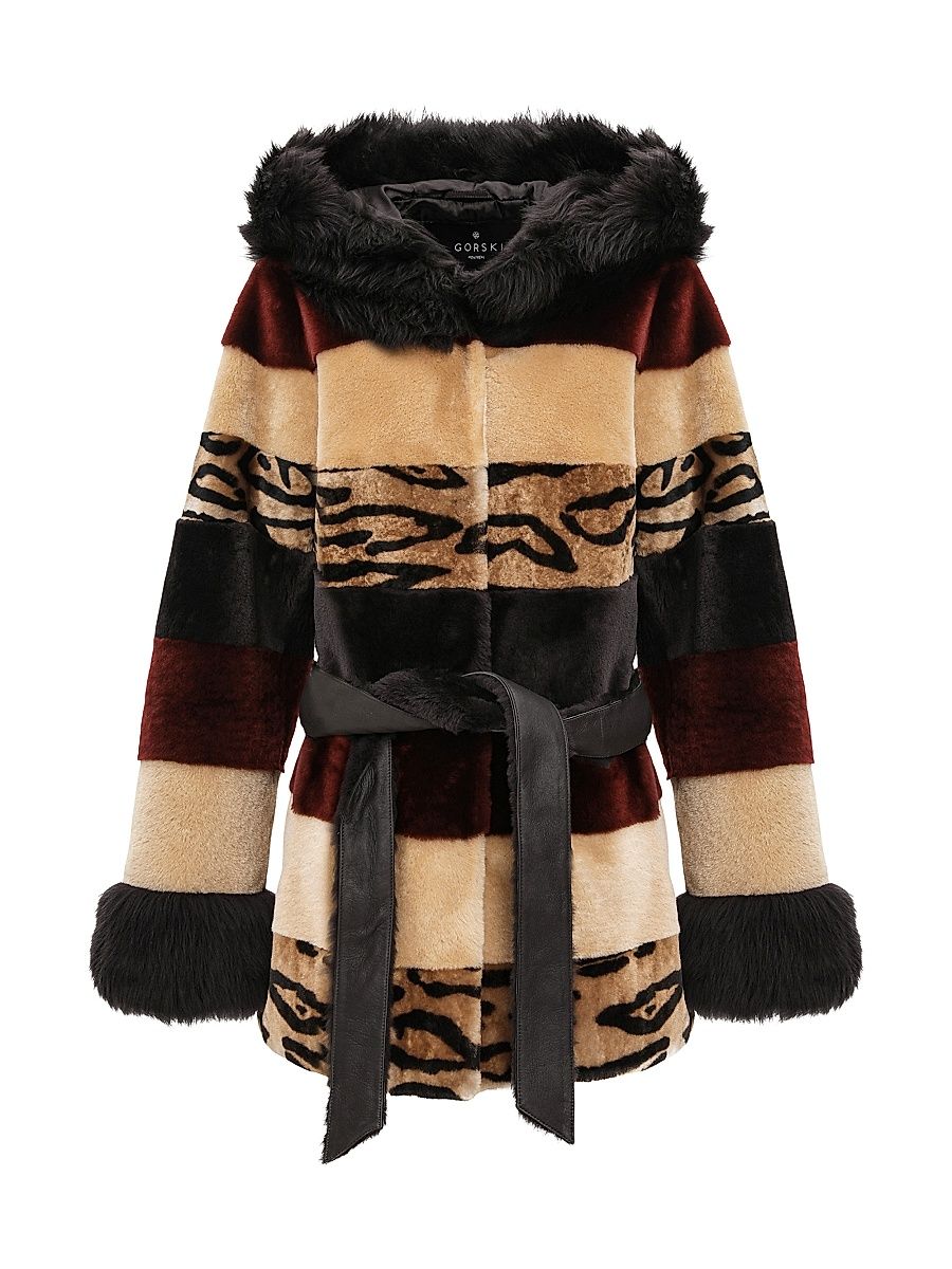 Women's Shearling Lamb Parka with Merinillo Shearling Lamb Hood Trim & Cuffs, Belt - Wine Multi - Size Medium