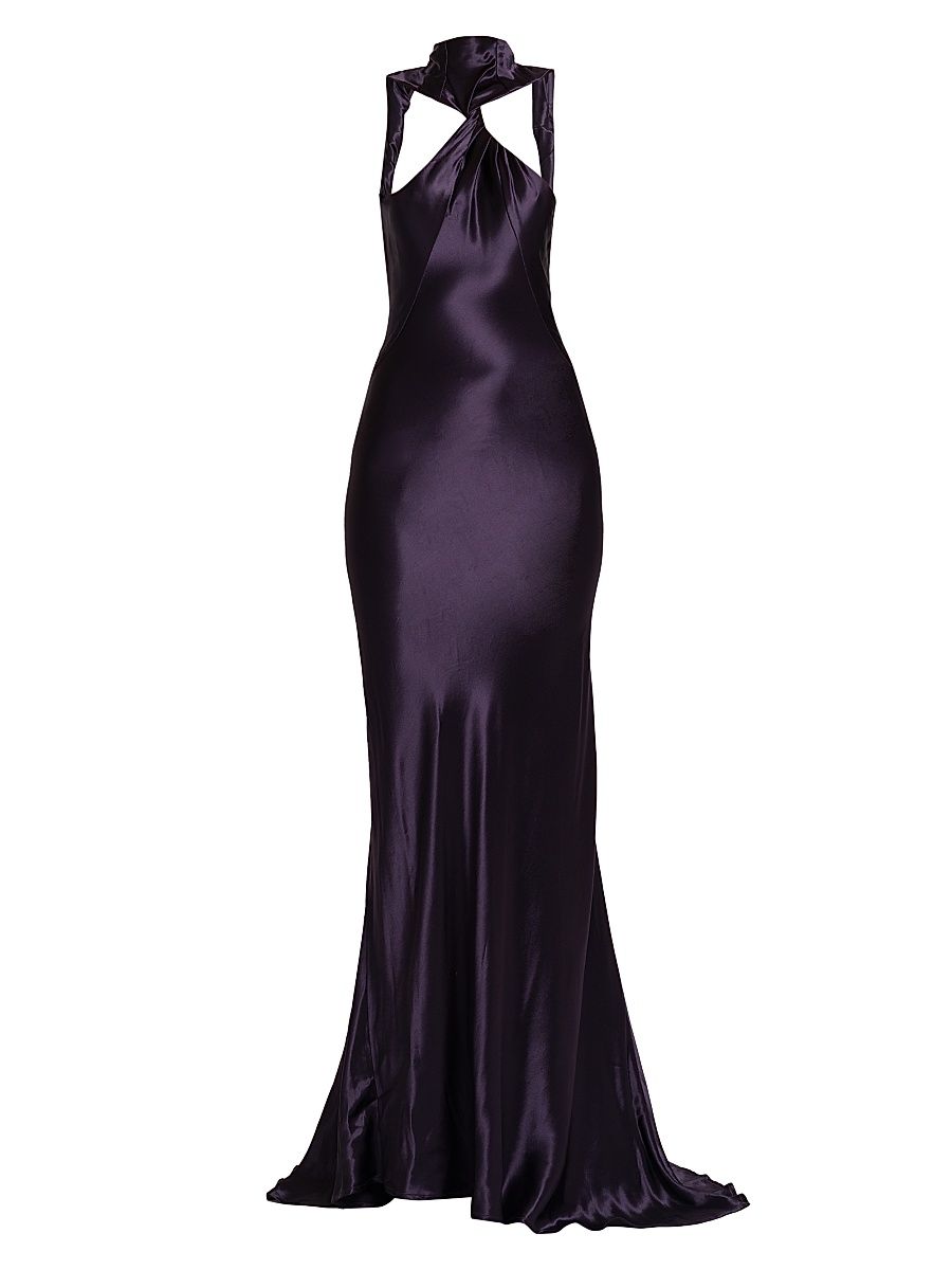 Women's Satin Twisted Halter Gown - Dark Purple - Size 4