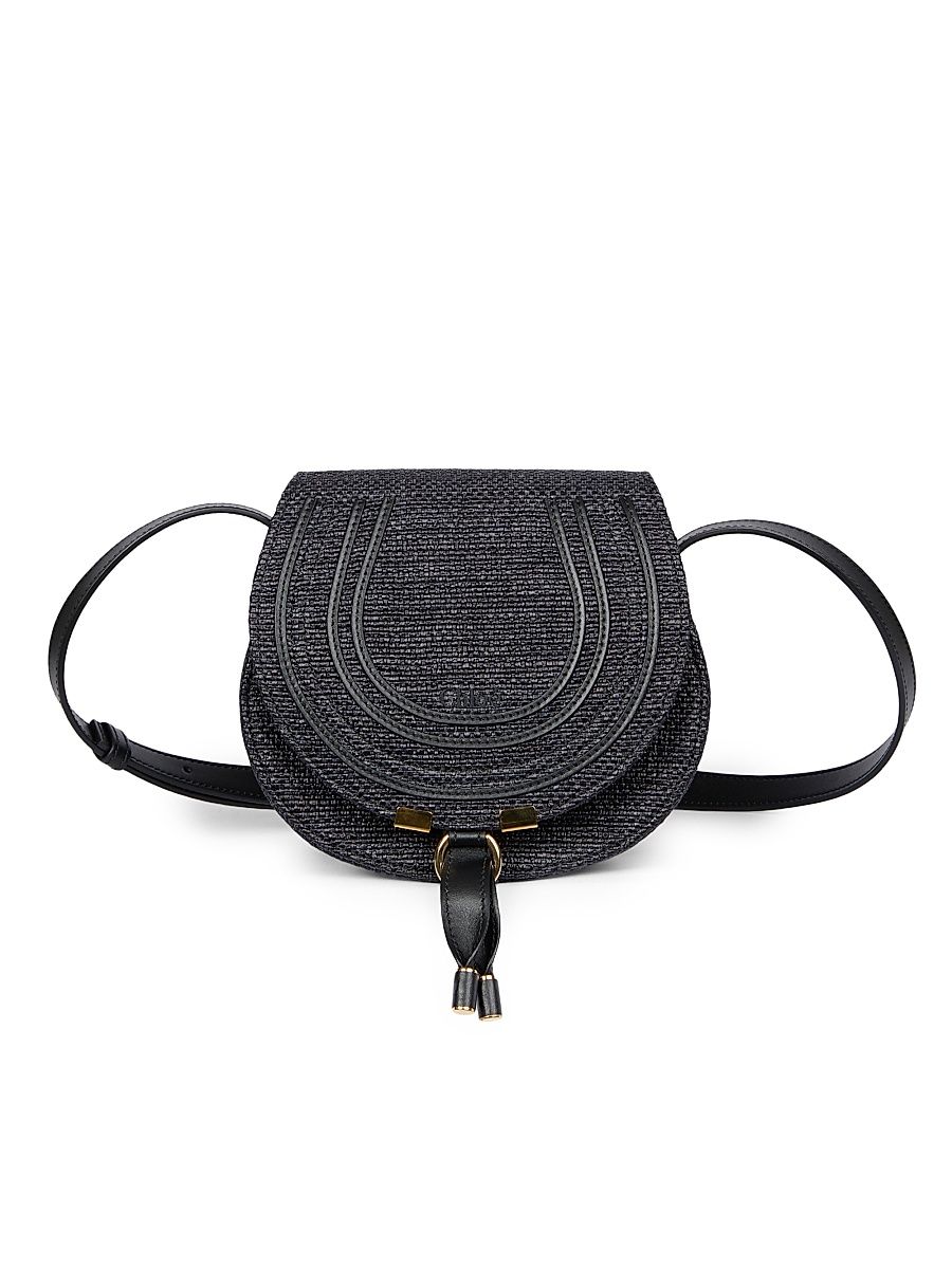 Women's Small Marcie Raffia & Leather Saddle Bag - Black