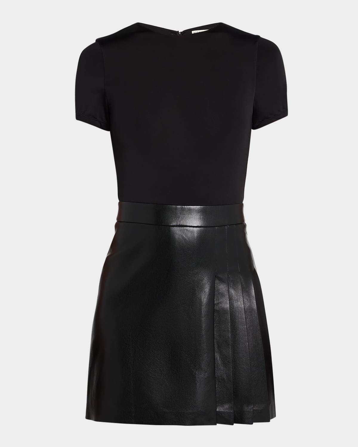 Chara Vegan Leather Short-Sleeve Pleated Mini Dress