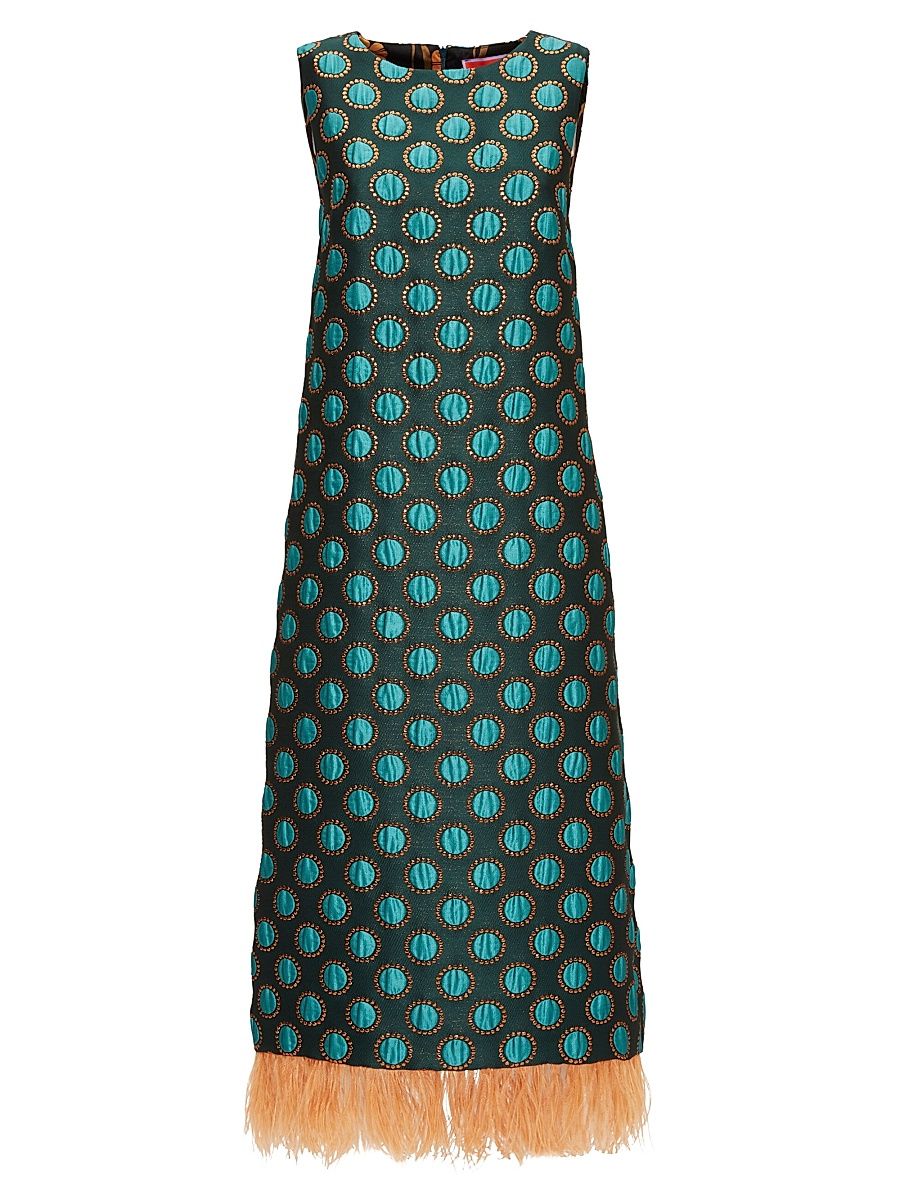 Women's Column Dress with Feathers - Jacquard Winter Sun Emerald - Size XXS