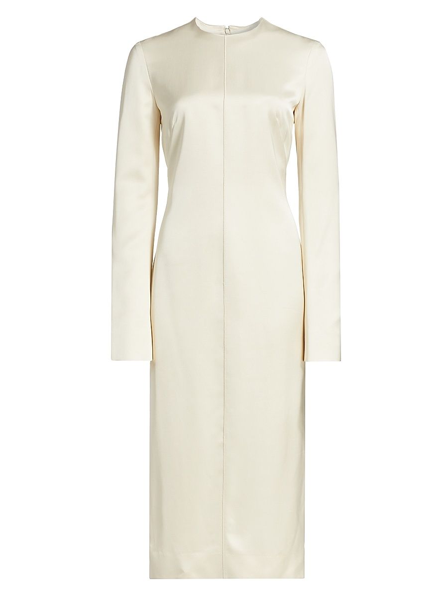 Women's Satin Round Neck Midi-Dress - Ecru - Size 8