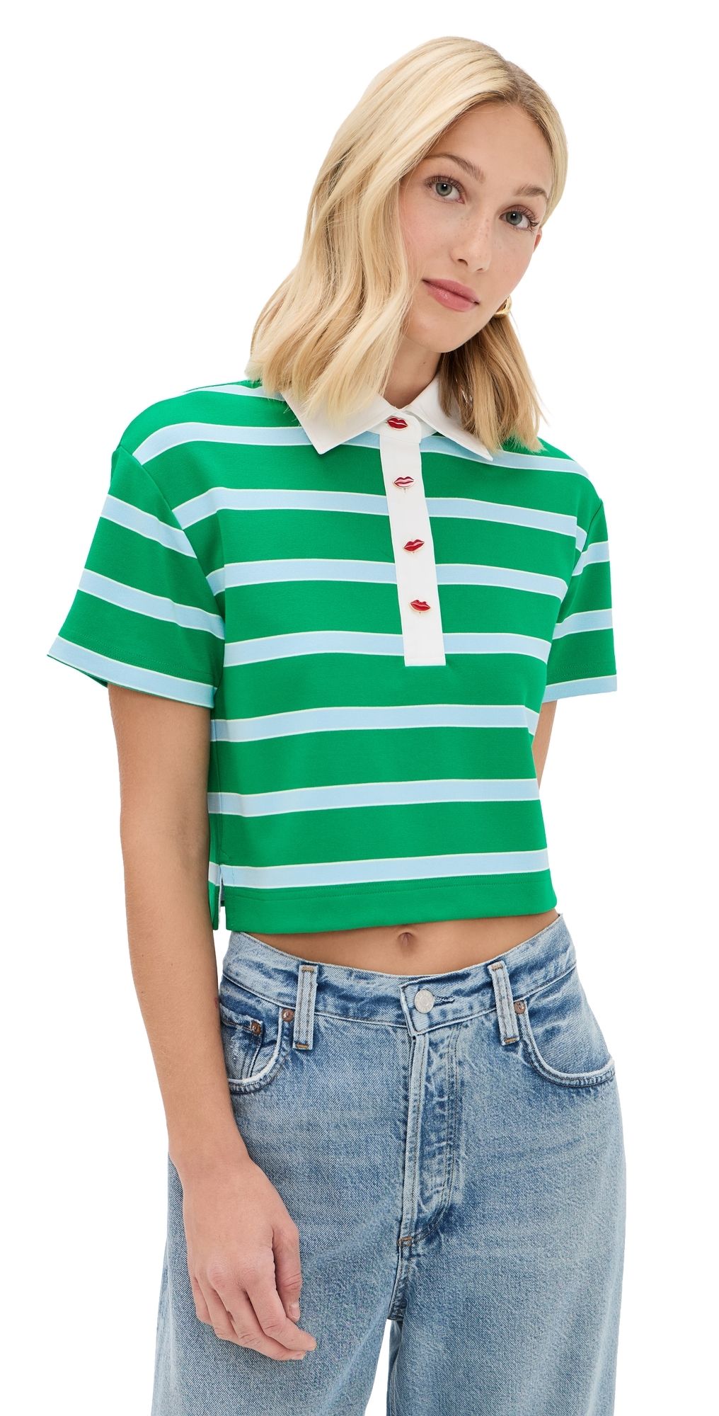 ALICE + OLIVIA Lyle Short Sleeve Rugby Polo Top Green Apple/Carolina Blue Stripe S