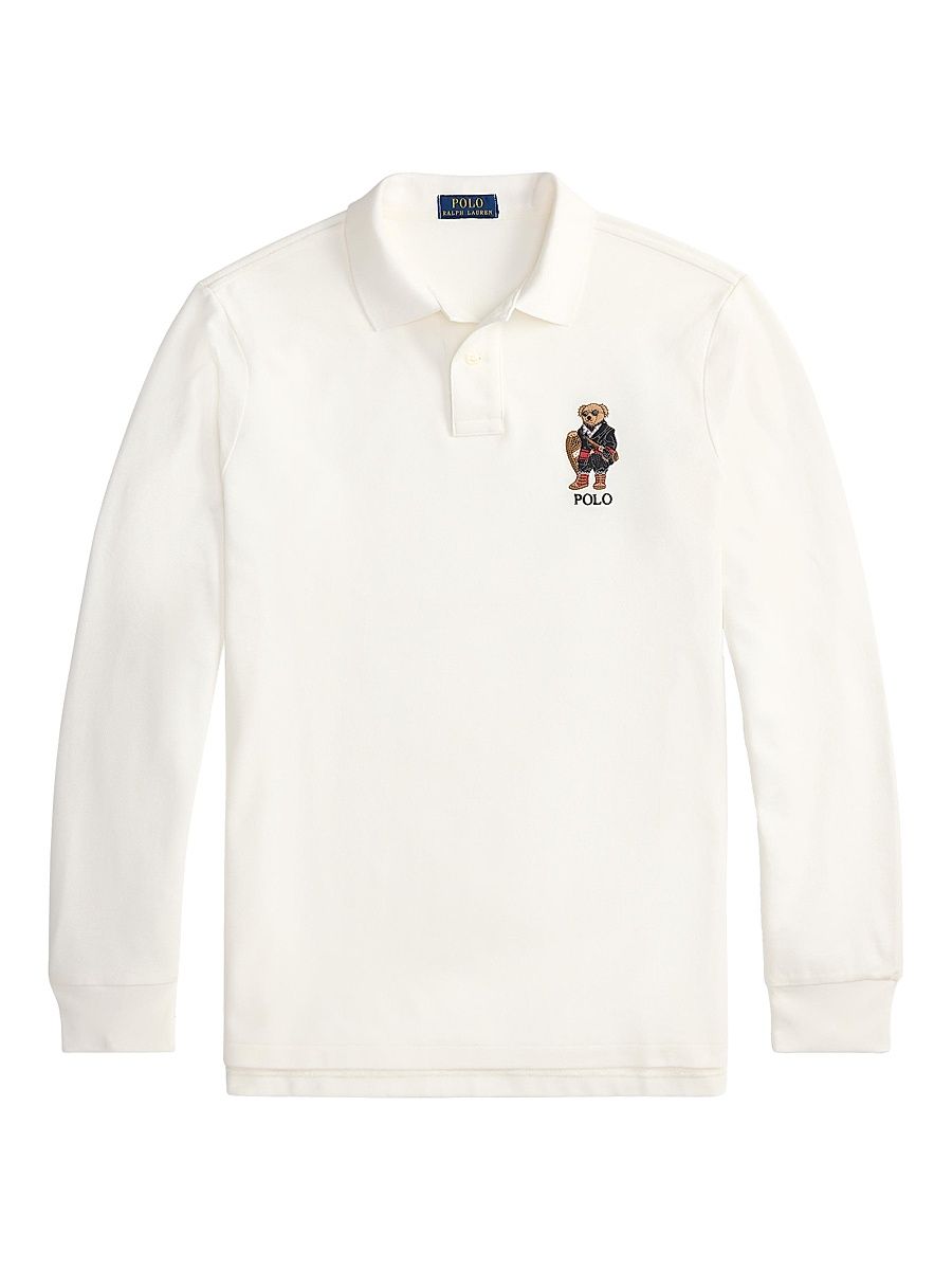 Men's Polo Bear Long-Sleeve Polo - Trophy Cream Holiday Bear - Size Small