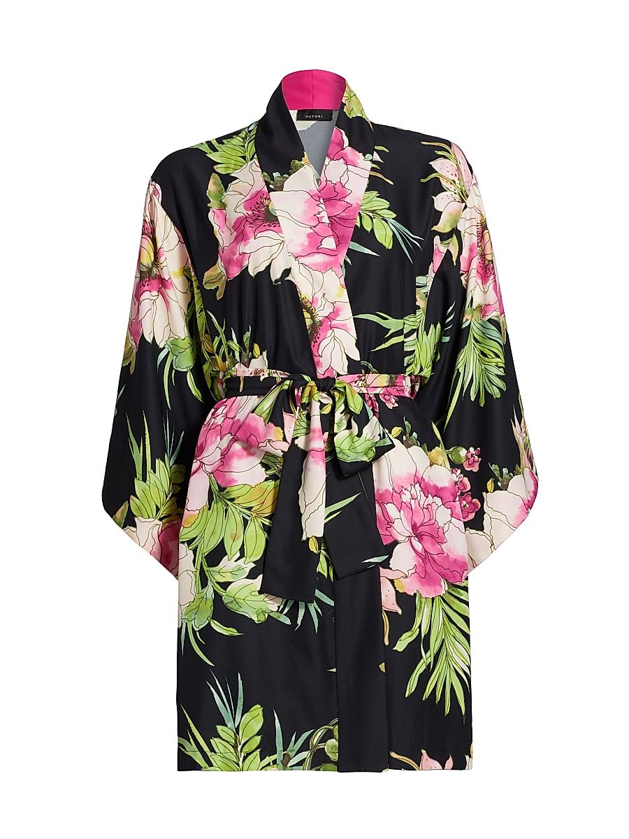 Women's Sonomi Floral Charmeuse V-Neck Robe - Black Multi - Size XL
