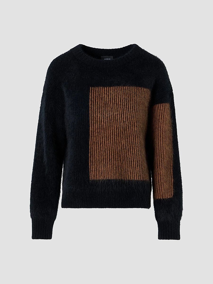 Women's Striped Cashmere Crewneck Sweater - Black Vicuna - Size 8