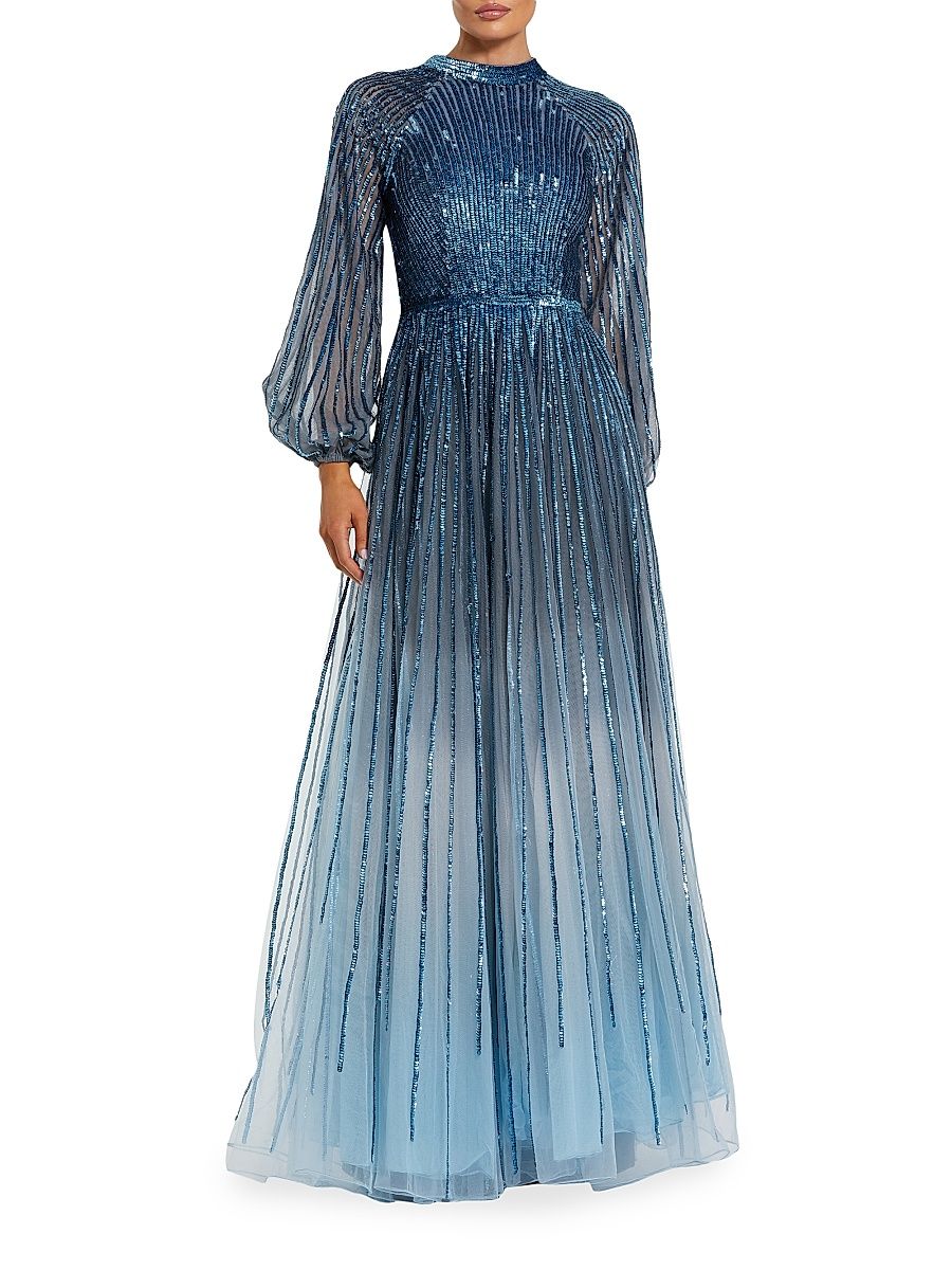 Women's Evening Ombré Mesh A-Line Gown - Slate Blue - Size 22