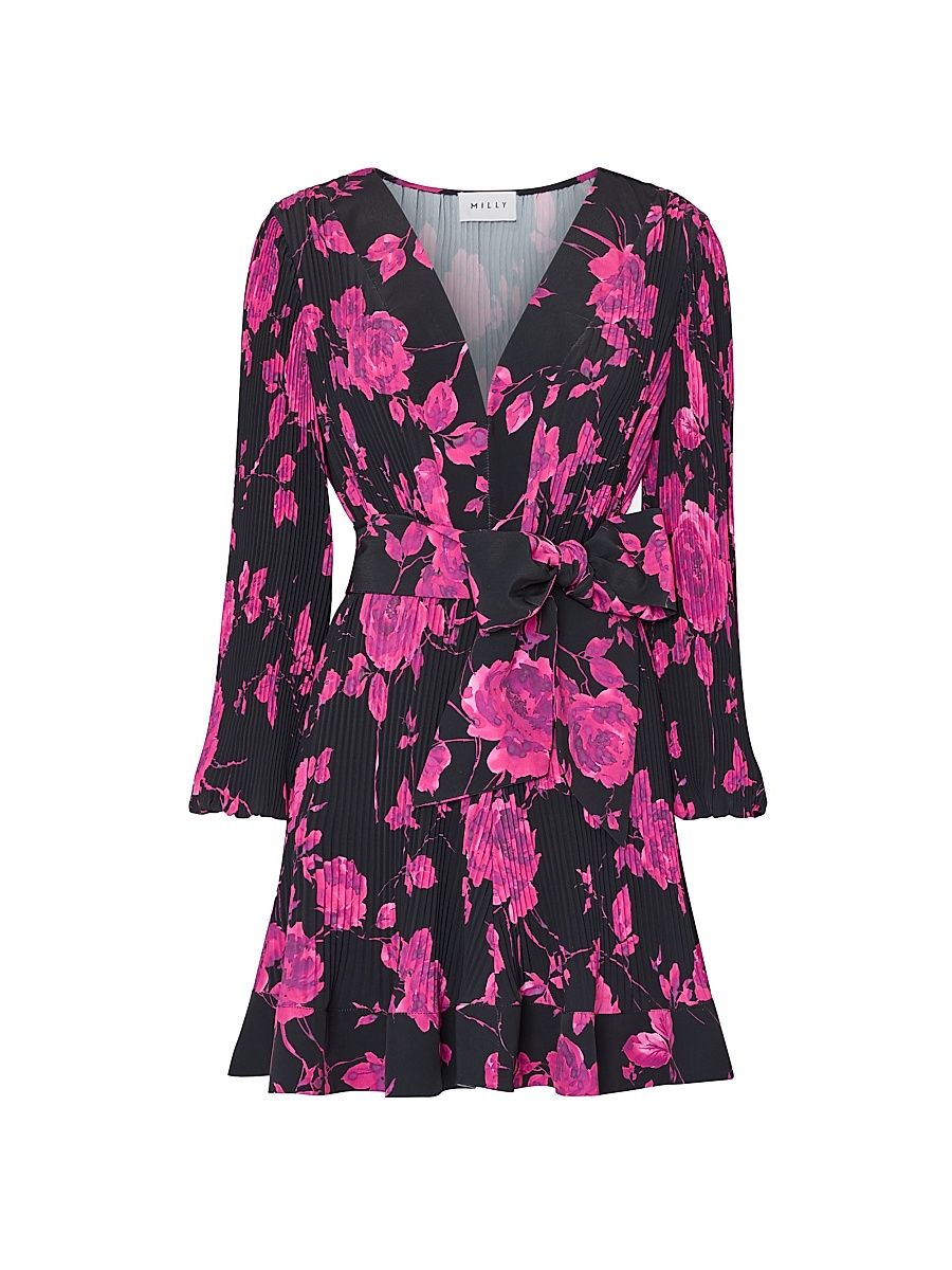 Women's Liv Amarilla Rose Pleated V-Neck Minidress - Black Pink - Size 12