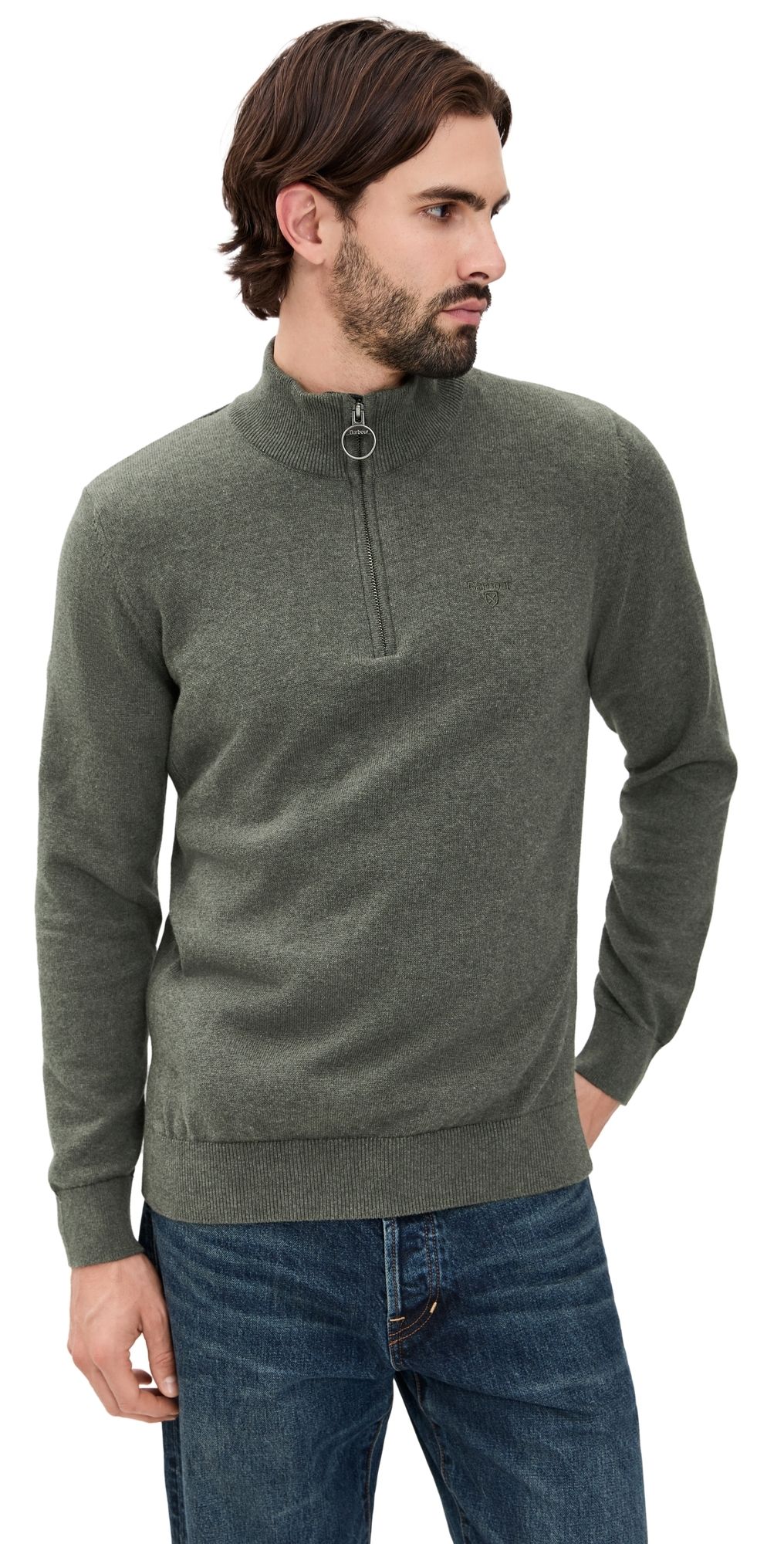 Barbour Cotton Half Zip Knitted Sweater Olive Marl M