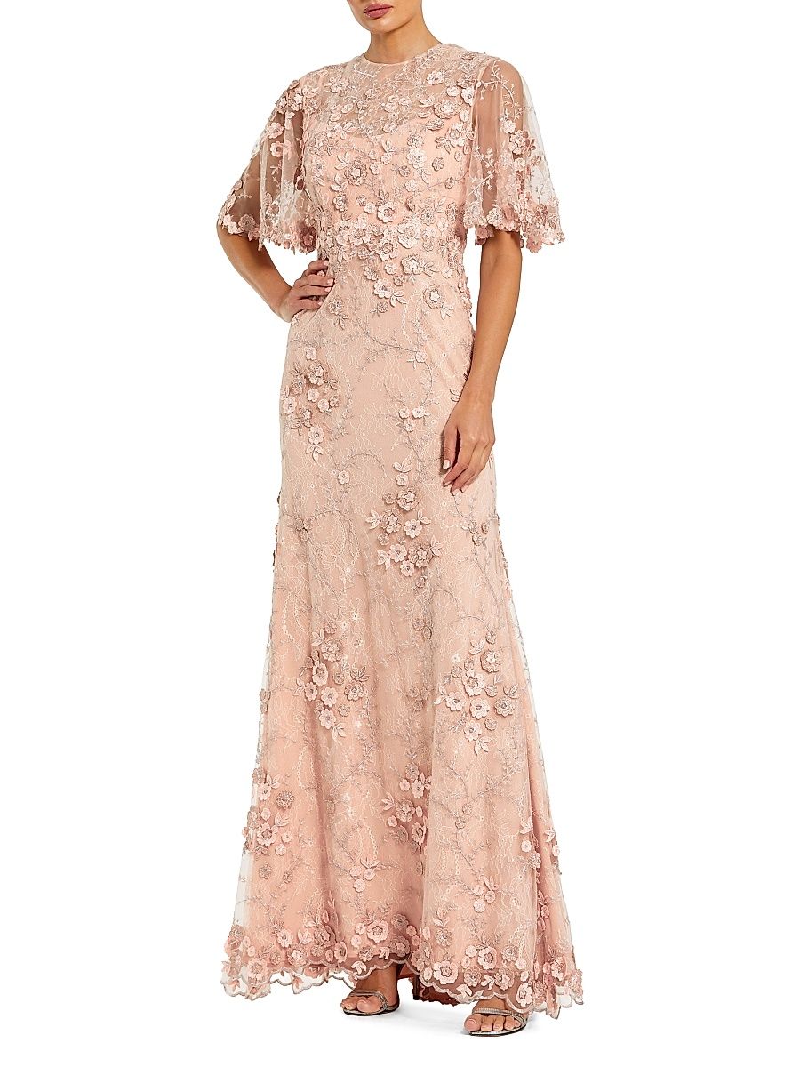 Women's Petite Floral Embroidered A-Line Gown - Rose - Size Petite 16