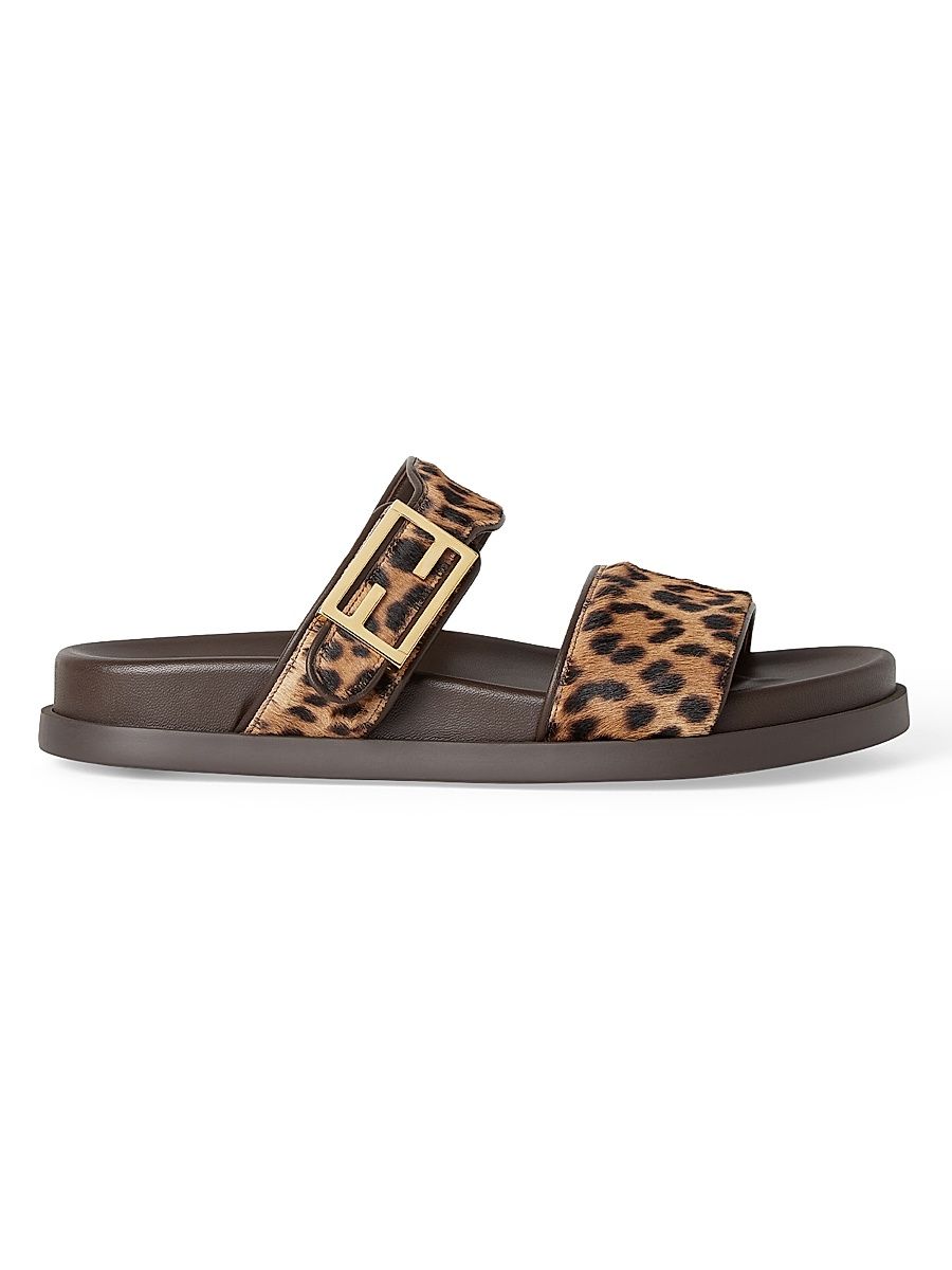 Women's Fendi Feel Leopard Calf Hair Sandals - Marrone Brown - Size 11