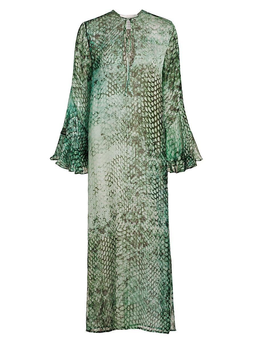 Women's Aries Silk Kaftan Dress - Emerald Animal Print - Size Medium