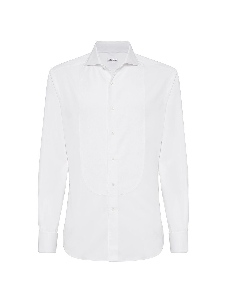 Men's Sea Island Cotton Twill Slim Fit Tuxedo Shirt with Pleated Bib - White - Size XS