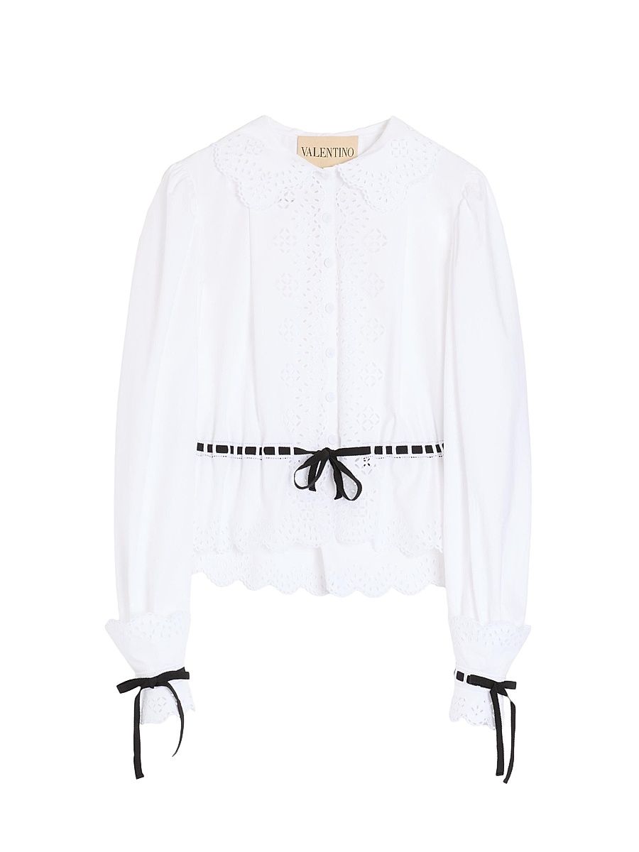 Women's Embroidered Cotton Poplin Shirt - White Black - Size 2