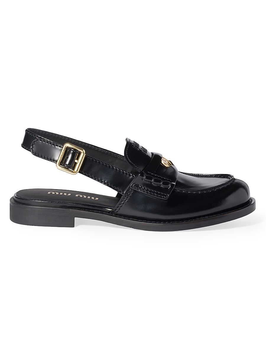 Women's Brushed Leather Slingback Loafers - Black - Size 9.5