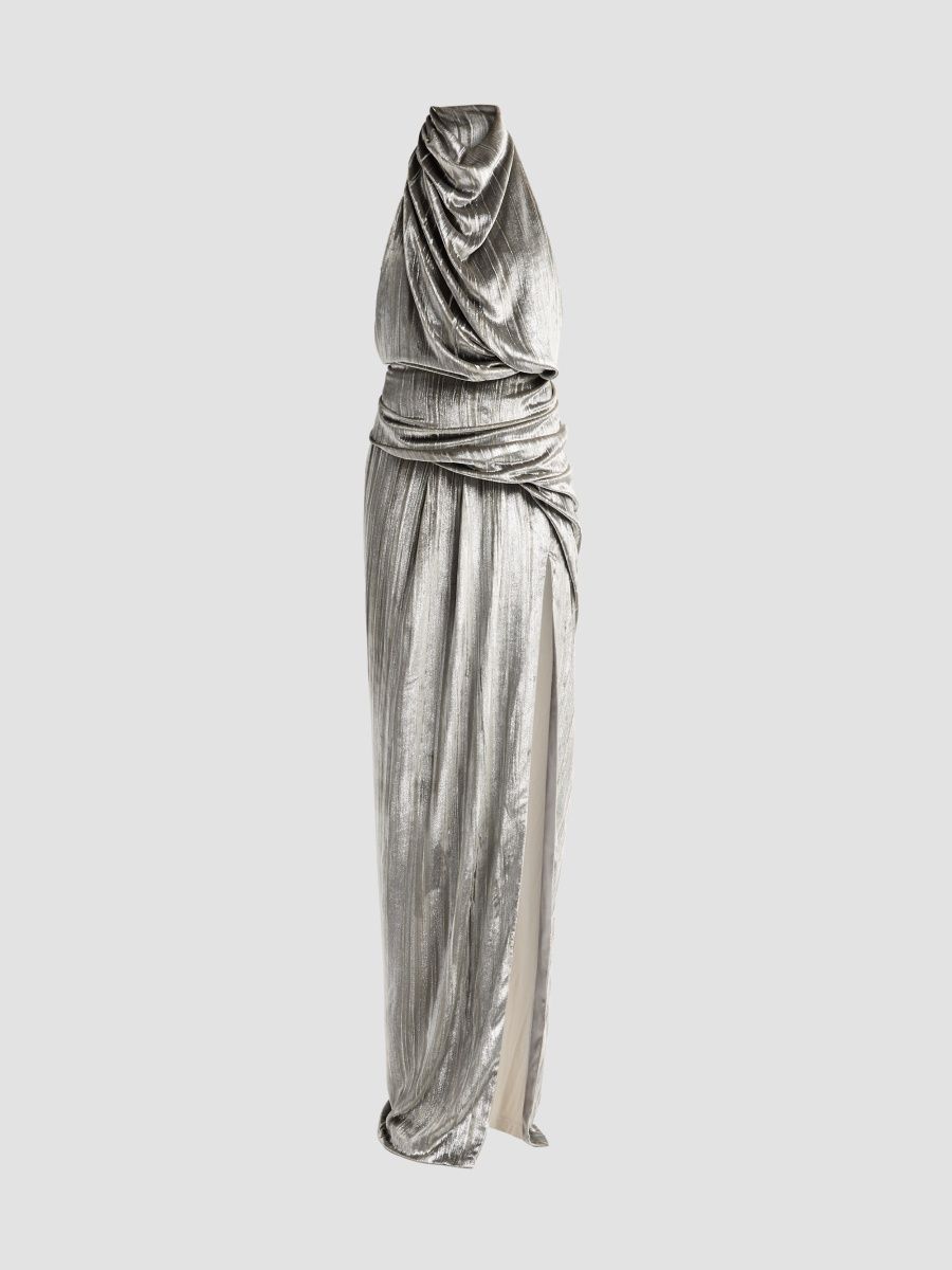 Atelier Prabal Gurung Women's Draped Crushed Velvet Halter Gown - Silver - Size 8