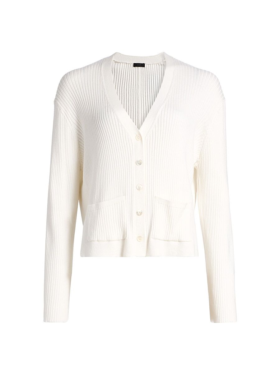 Women's Cotton-Cashmere Ribbed Cardigan - White - Size Medium
