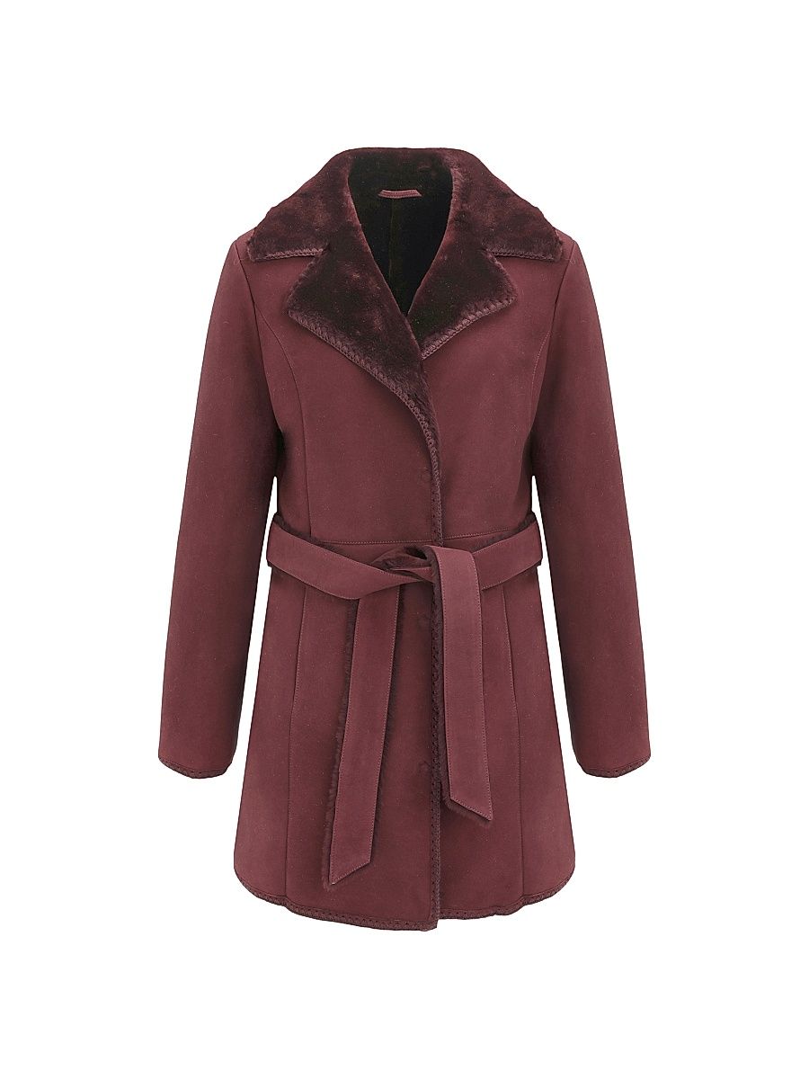 Women's Merino Shearling Lamb Stroller with Embroidered Trim Belt - Burgundy - Size Large