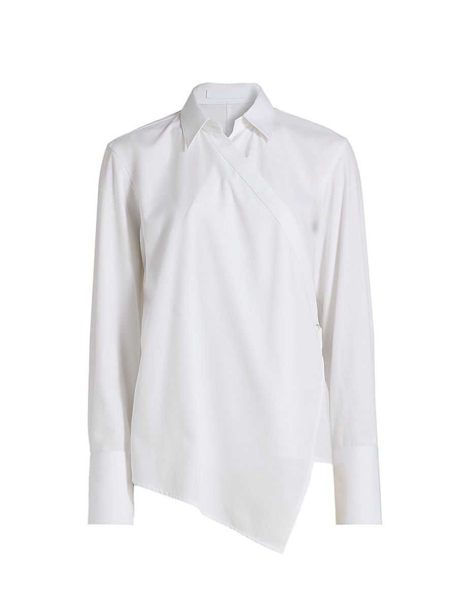 Women's Relaxed-Fit Cotton Wrap-Style Shirt - White - Size Small