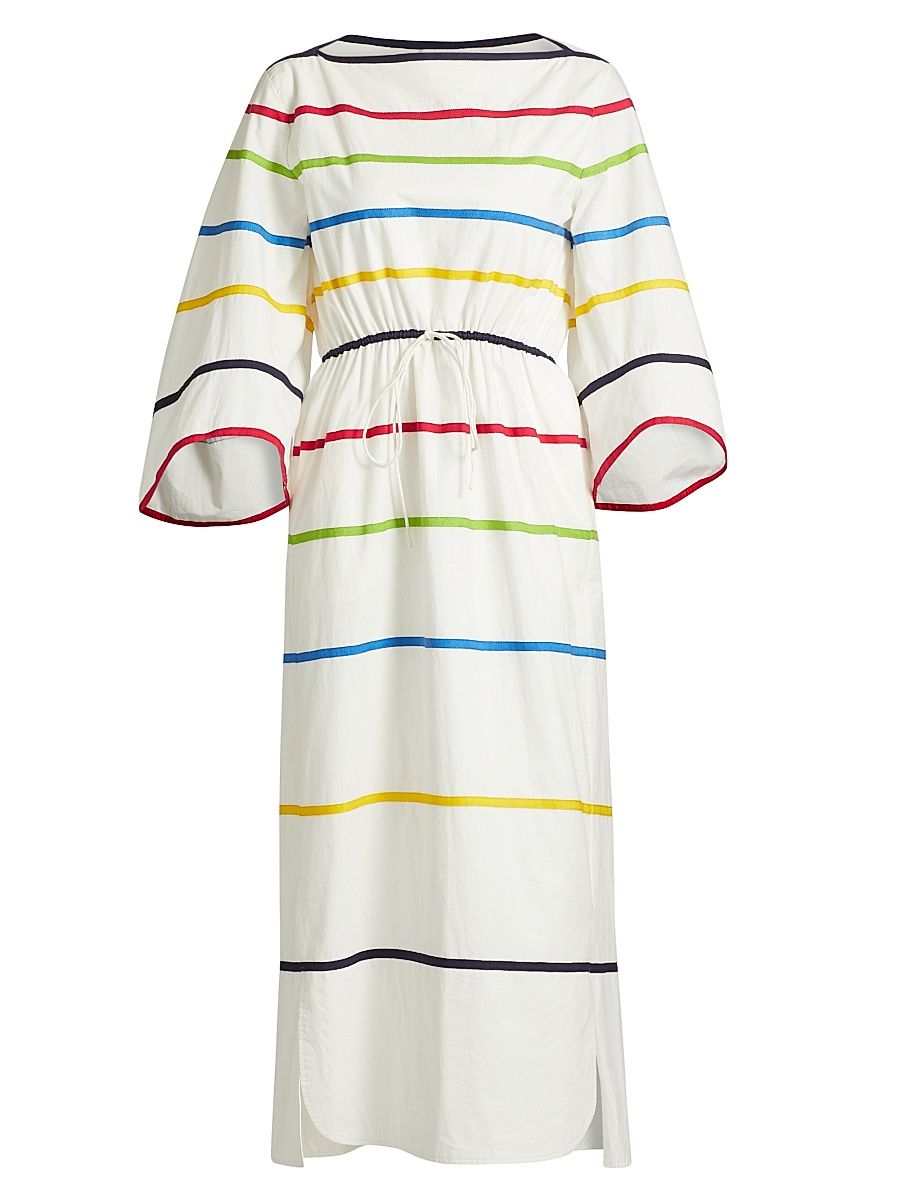 Women's Ribbon Striped Cotton Boatneck Midi-Dress - White - Size Large