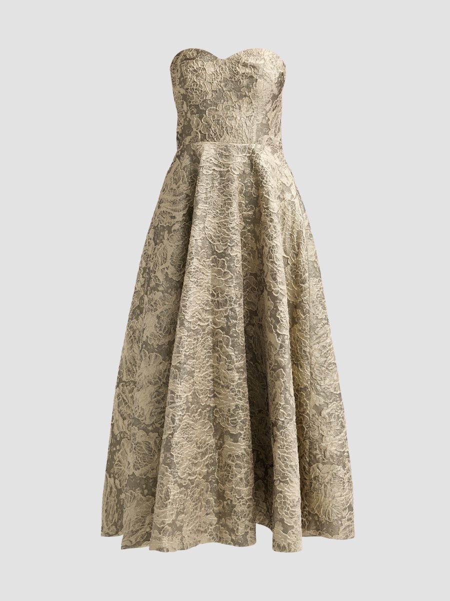 Theia Women's Dakota Metallic Jacquard Strapless Gown - Auric Gold Brown - Size 16