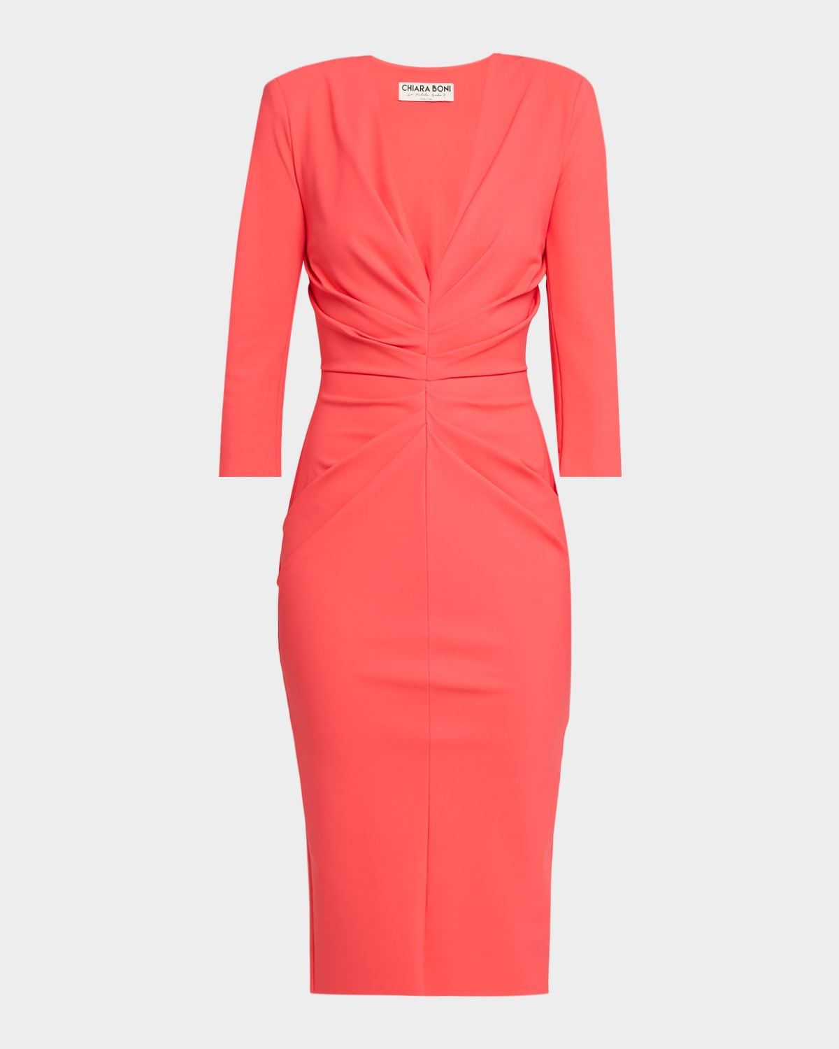 Azula Pleated Deep V-Neck Midi Sheath Dress