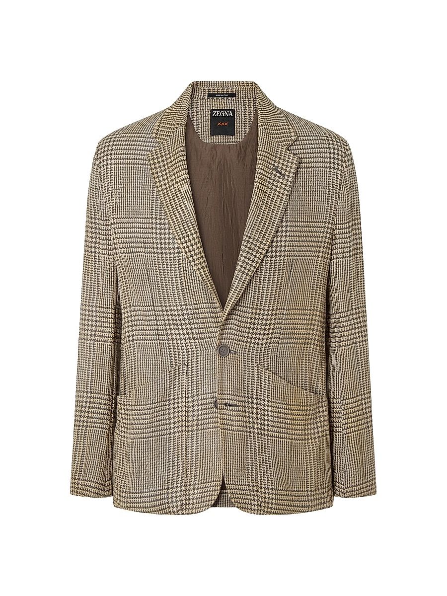 Men's Crossover Linen Wool and Silk Jacket - Olive Green White - Size 46
