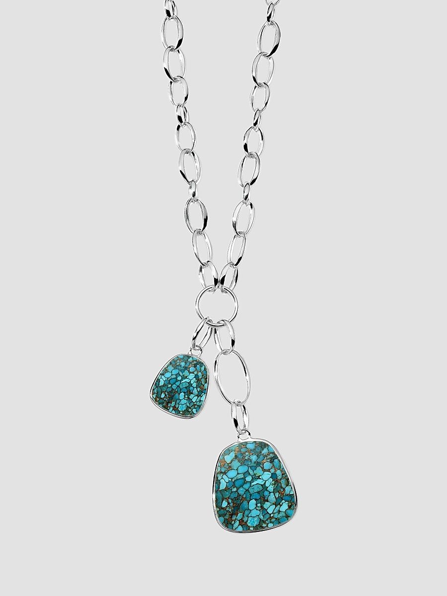 Women's Polished Rock Candy Keystones On Scultura Sterling Silver, Clear Quartz, Bronze & Turquoise Doublet Pendant Necklace - Silver