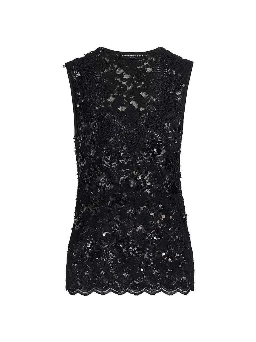 Women's Sequinned Lace Sleeveless Top - Black - Size Large
