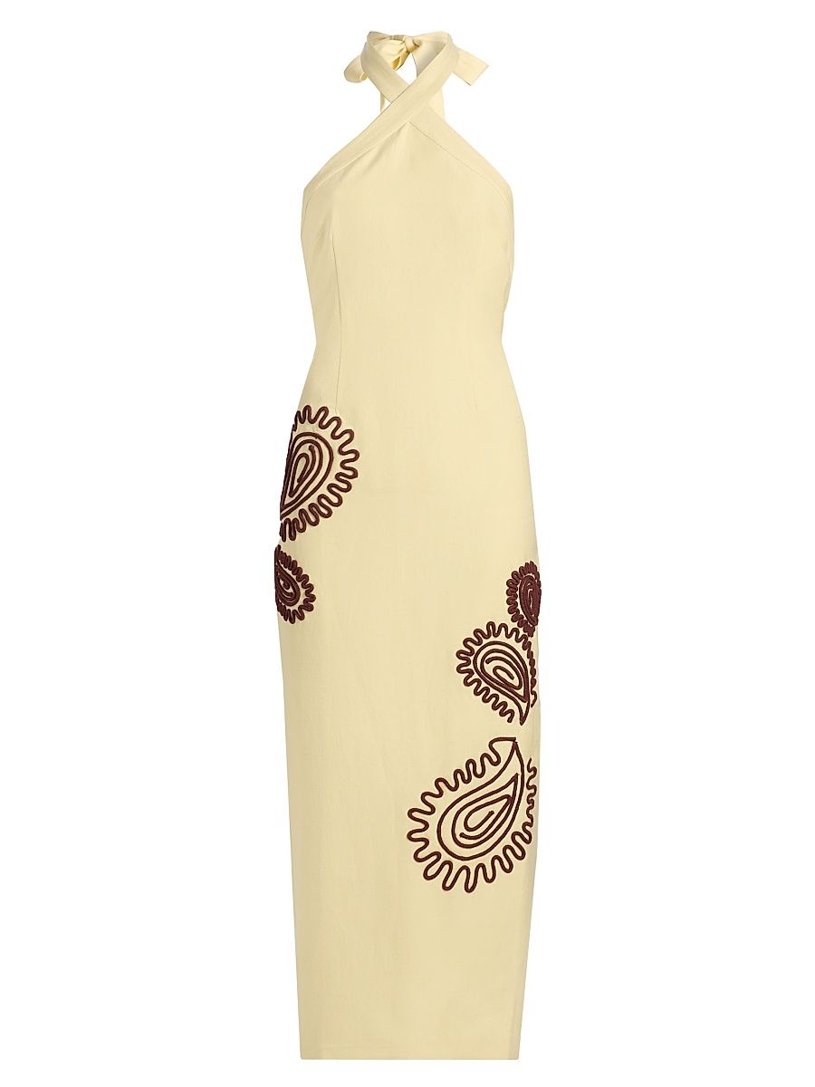 Women's Carly Embroidered Linen-Blend Halterneck Midi-Dress - Lemon - Size 8