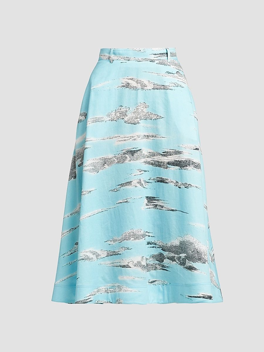 Women's Printed Cotton A-Line Midi Skirt - Multi Light Blue - Size 12