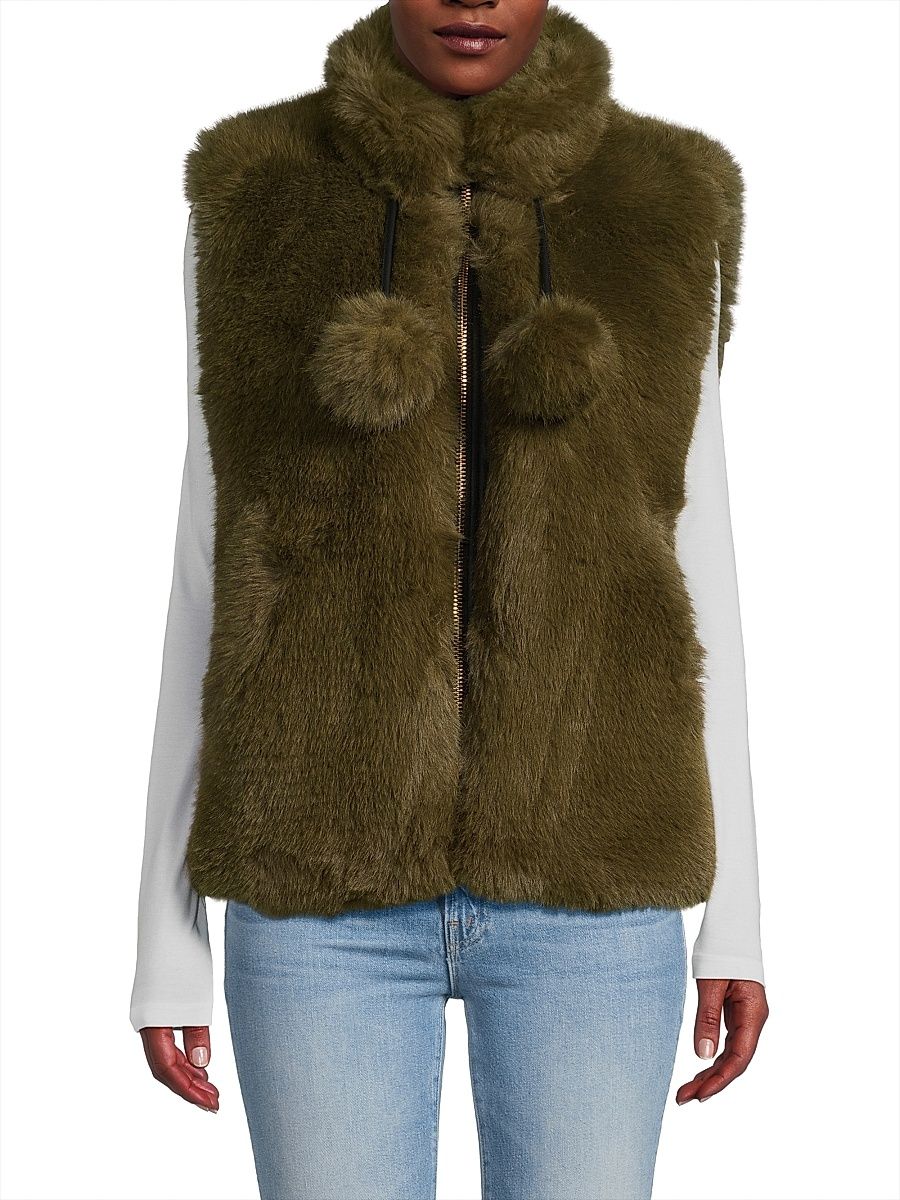Women's Ruby Faux Fur Pom-Pom Vest - Moss - Size XL