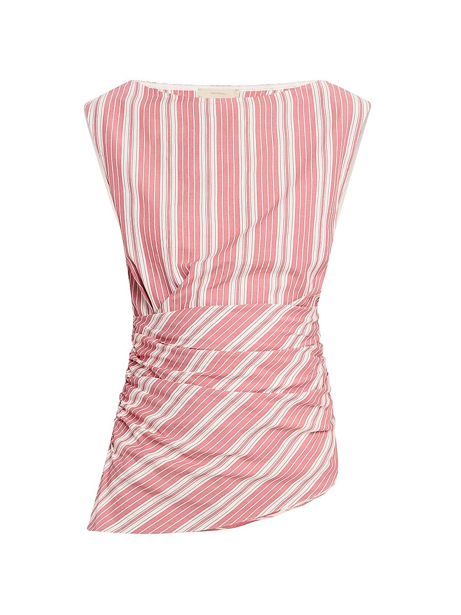 Women's Reign Asymmetric Striped Cotton Top - Red Pattern - Size Medium