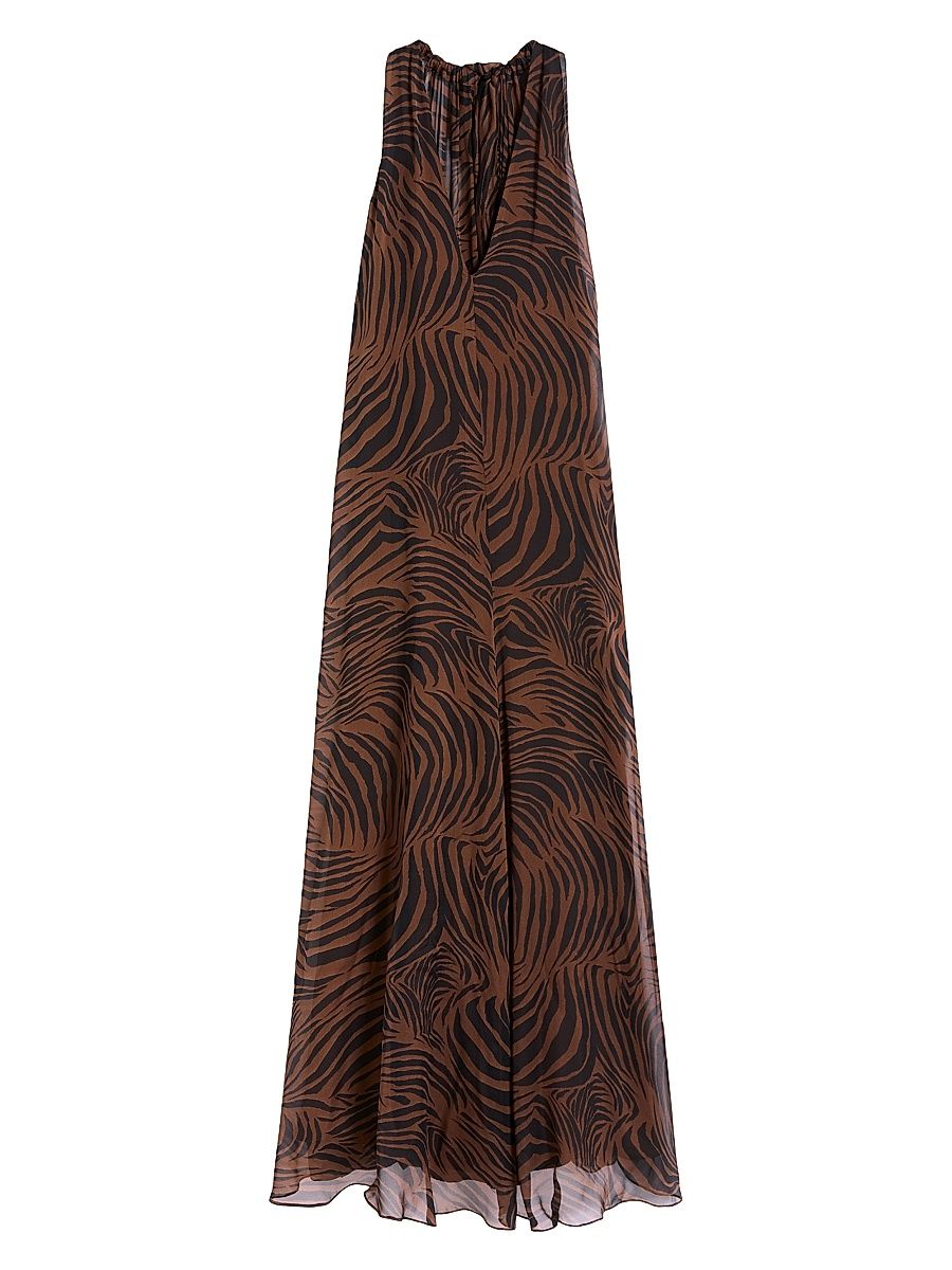 Women's Printed Silk Chiffon Dress - Brown - Size 16