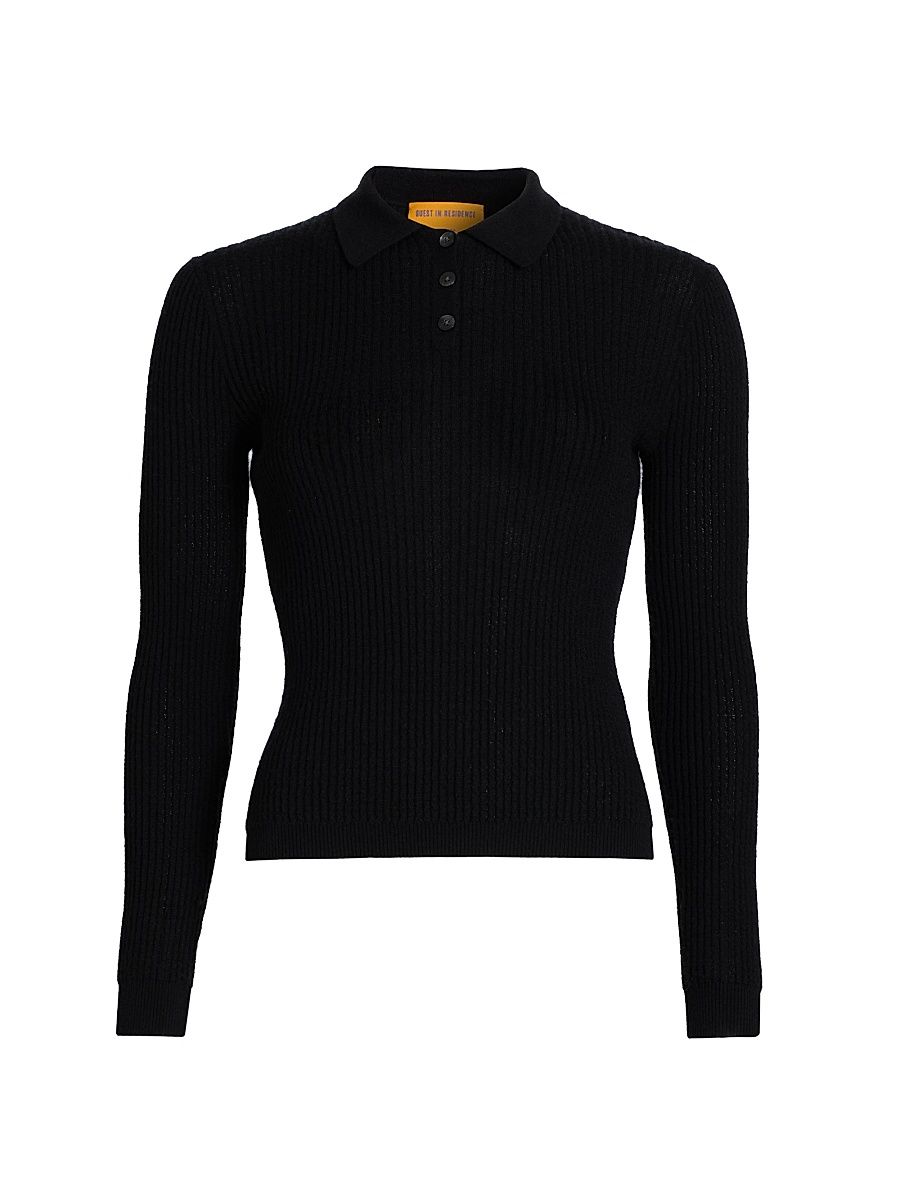 Women's Shrunken Cashmere Long-Sleeve Polo Shirt - Black - Size XL