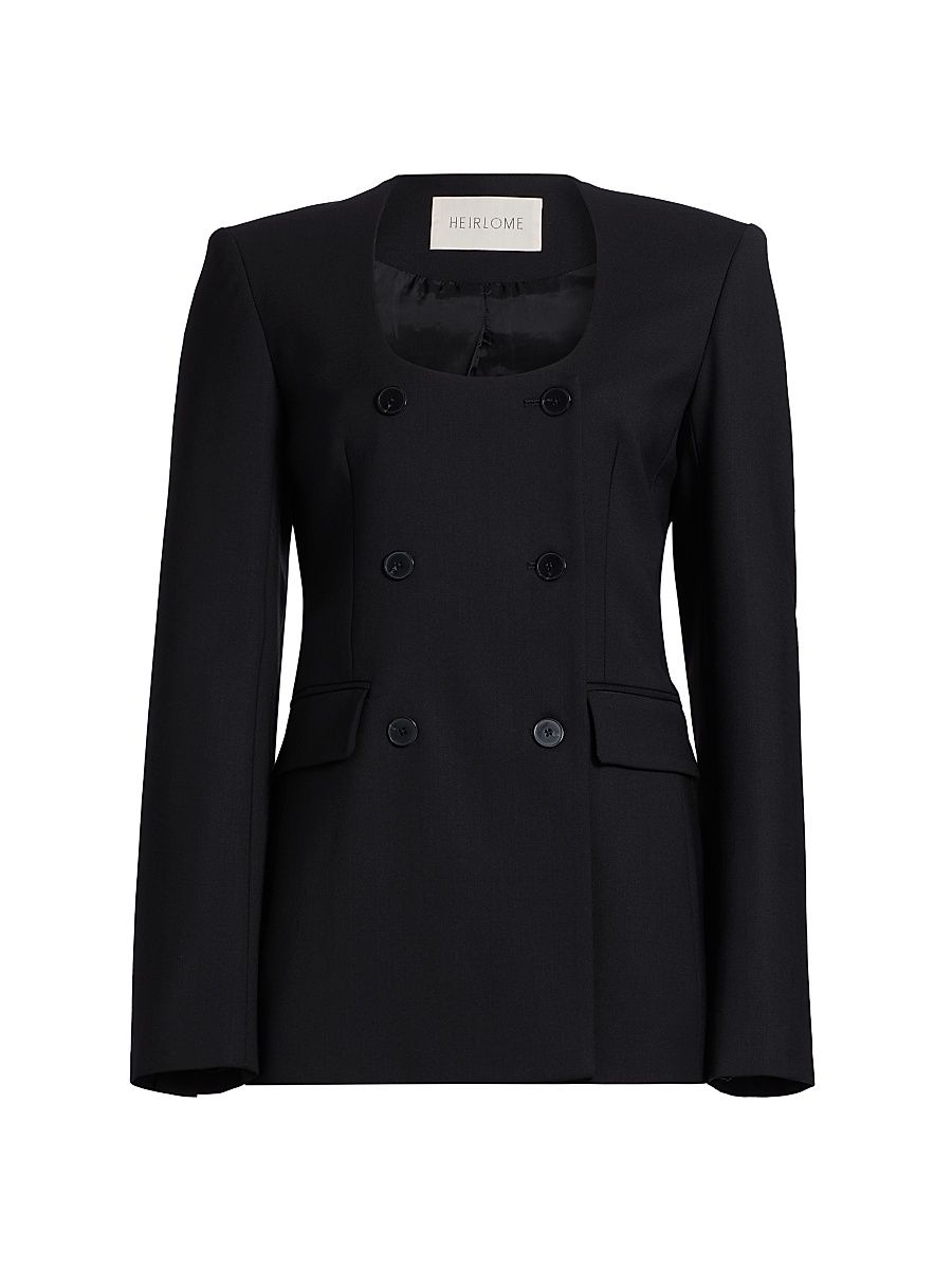 Women's Anita U-Neck Stretch-Wool Double-Breasted Blazer - Black - Size 6