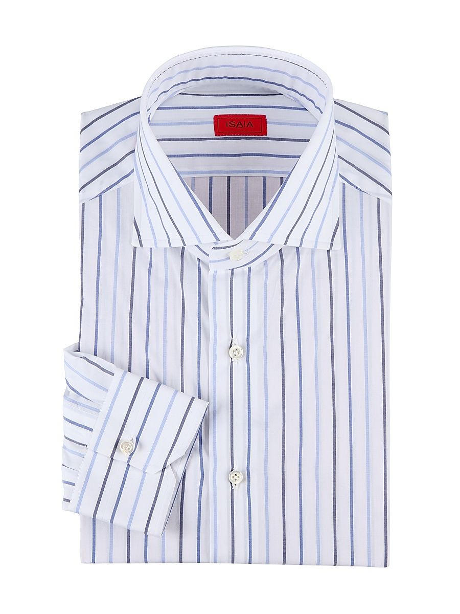 Men's Righe E Quadri Classic Cotton Shirt - White Blue - Size 17.5