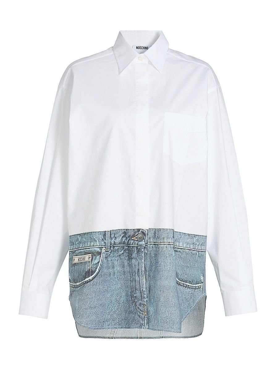 Women's Oversized Denim-Effect Stretch Cotton Shirt - Multi White - Size XL
