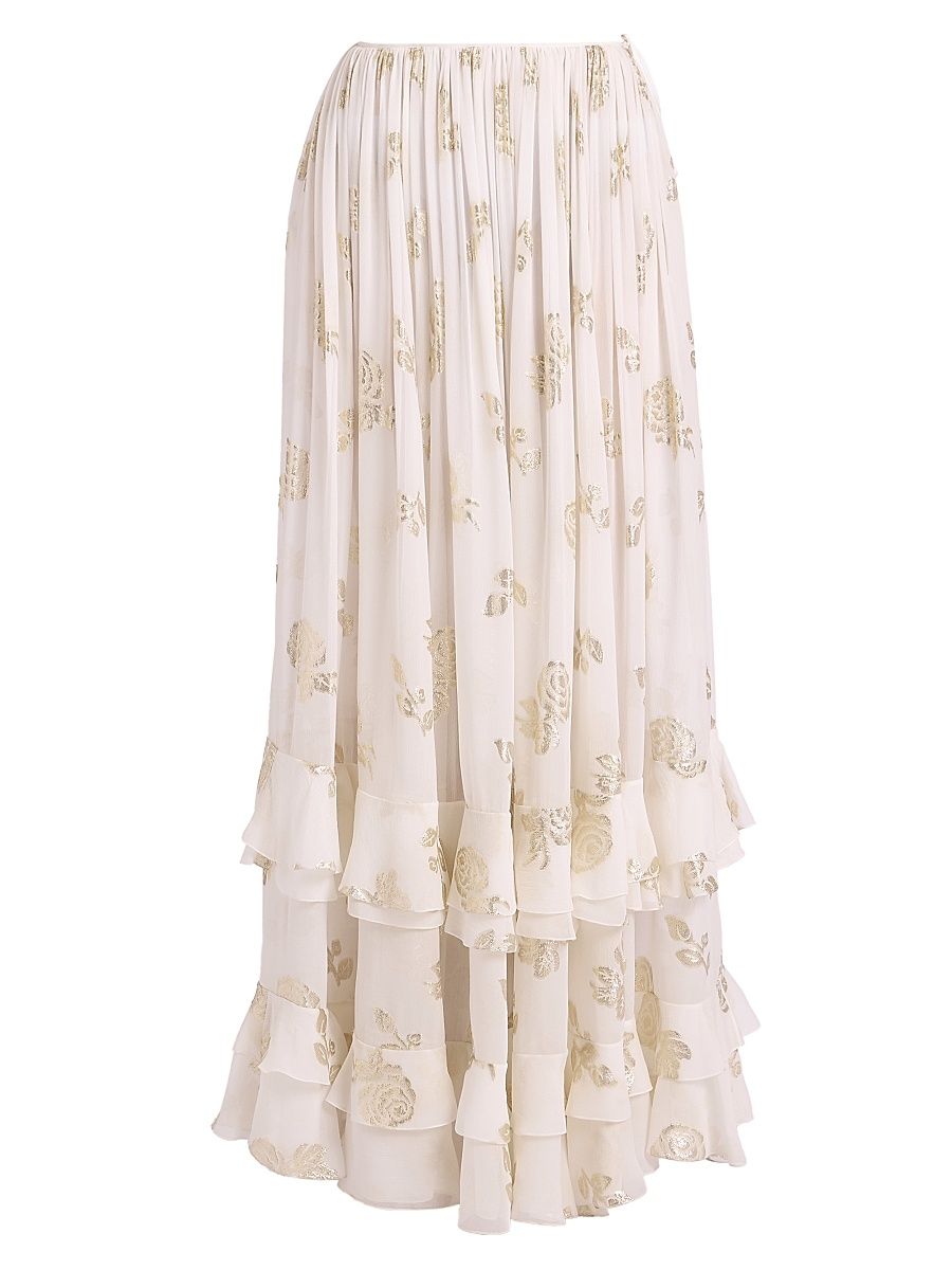 Women's Floral Jacquard Silk-Blend Maxi-Skirt - Coconut Milk - Size 10