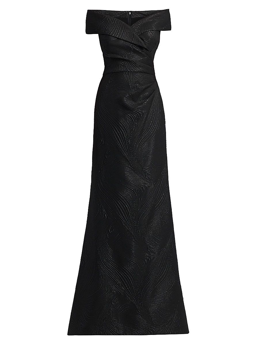 Women's Metallic Wavy Jacquard Portrait Gown - Black - Size 8