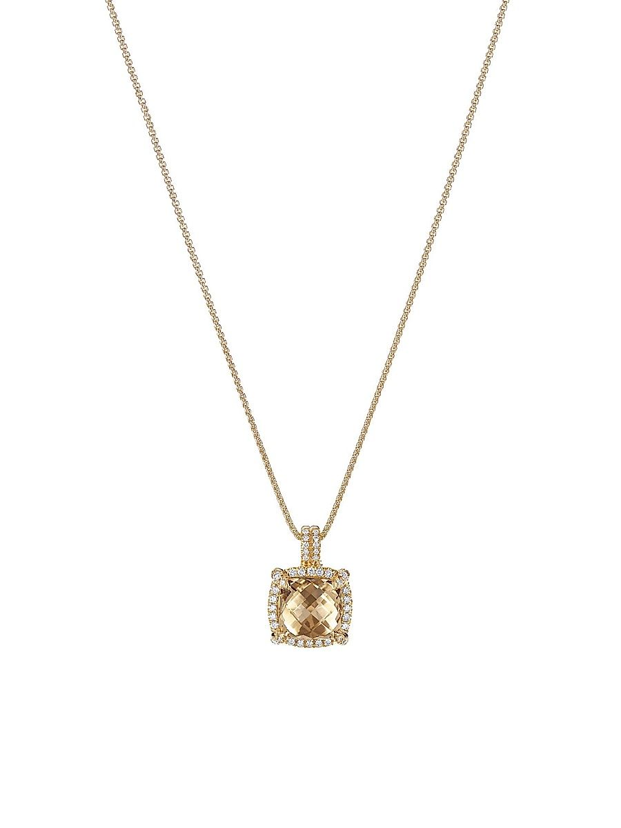 Women's Chatelaine Pavé Bezel Pendant Necklace in 18K Yellow Gold - Champagne Citrine - Size 18