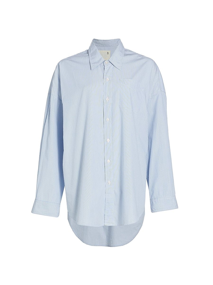 Women's Drop Neck Oxford Shirt - Blue White Pinstripe - Size Large
