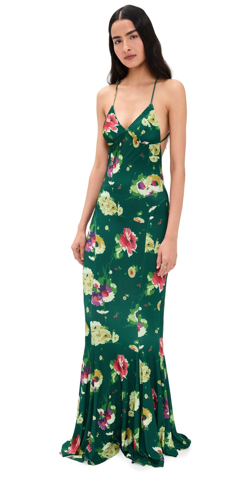 Norma Kamali Low Back Slip Fishtail Gown Floral Green Multi M