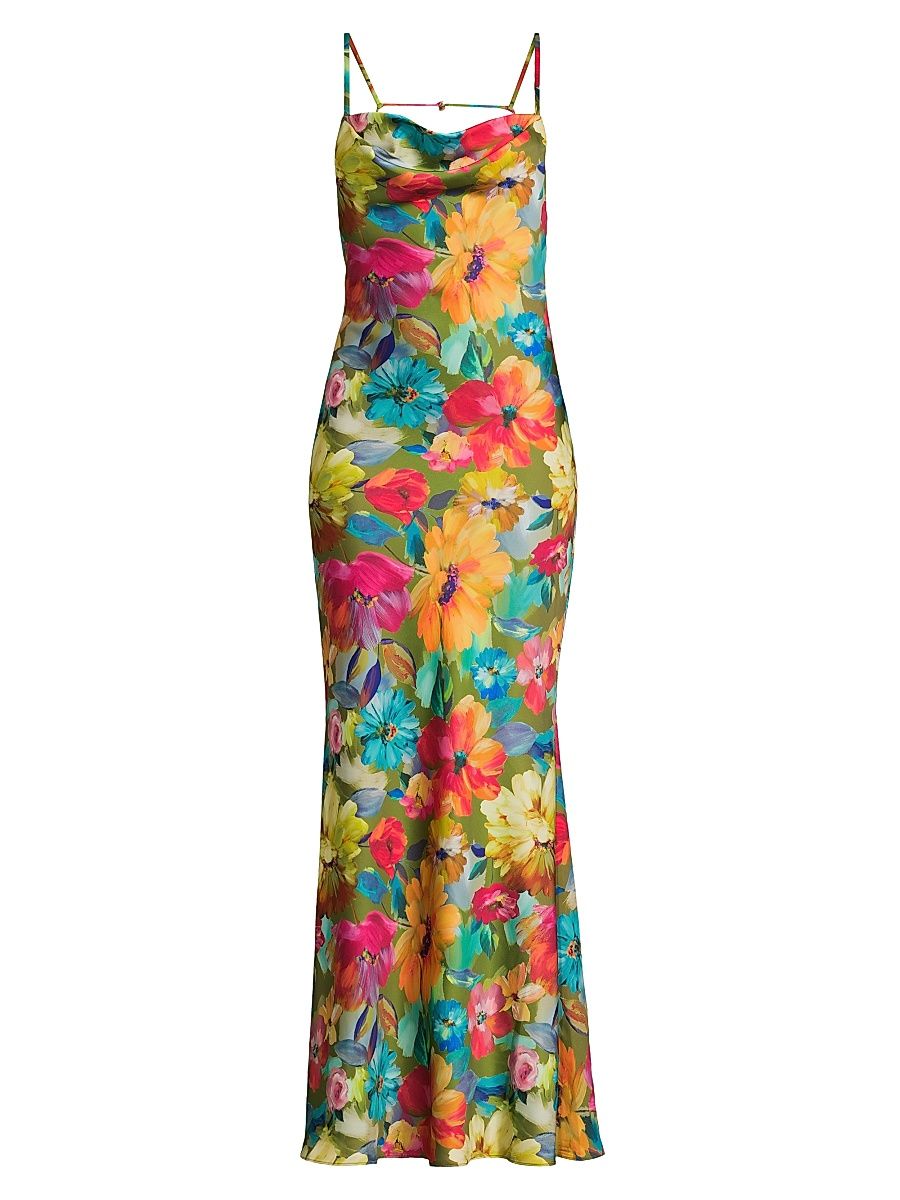 Women's Floral Stretch Satin Column Gown - Lime Multi - Size 10